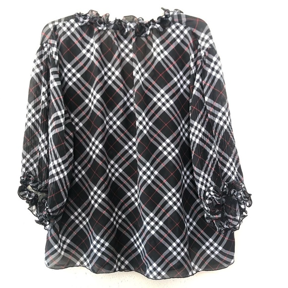Signature by Larry Levine Black, Red & White Plaid - Ruffles at neckline Size L - Picture 2 of 10